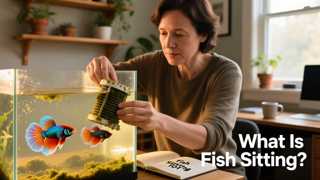 a fish sitter pulling out a dirty aquarium filter with two betta fish swimming around