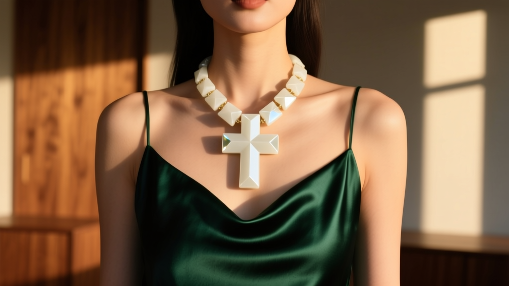 Fashion shot of a woman styling a chunky white resin cross necklace over a dark emerald silk slip dress in warm evening light