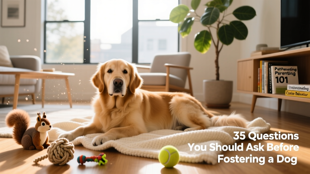 A calm, friendly dog resting on a cozy blanket in a sunlit living room with toys nearby