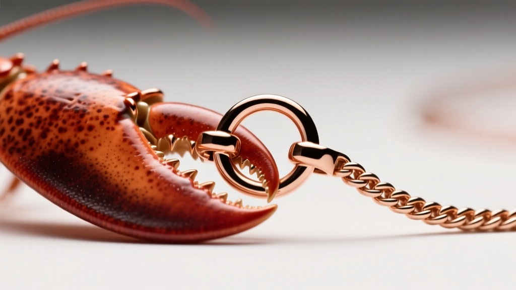 Close-up of a lobster claw clasp on a 4mm rose gold serpentine chain, showing the sturdy jump ring and soldered connection point.
