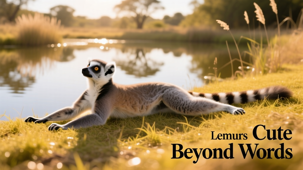 Lemur stretching lazily on warm grass near a small pond, sunlight glinting off water