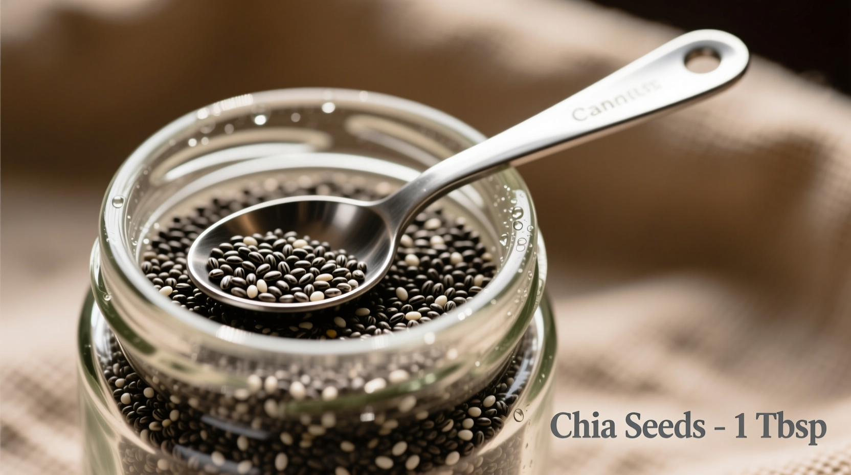 Chia seeds in glass jar with measuring spoon