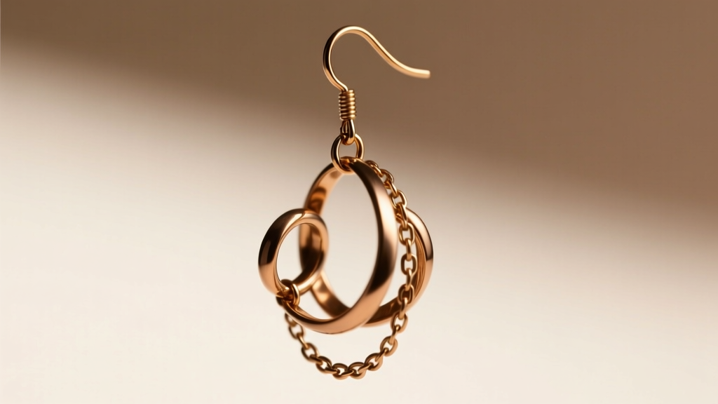 Kinetic articulated bronze drop earring hanging from a 20-gauge ear wire, capturing motion against a blurred minimalist background