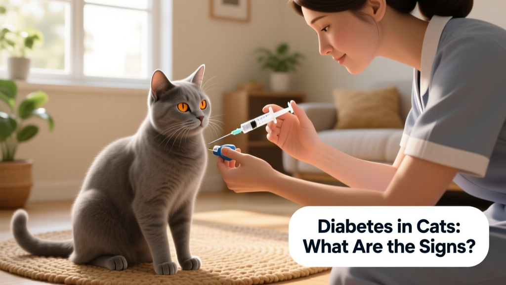 A caregiver administering a small, precise insulin injection to a relaxed cat’s scruff using a veterinary syringe