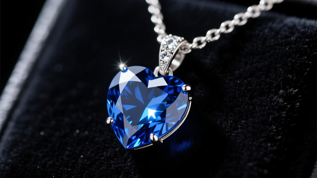 Macro shot of a 15-carat heart-shaped blue sapphire pendant on a platinum diamond chain resting on dark velvet, cinematic lighting