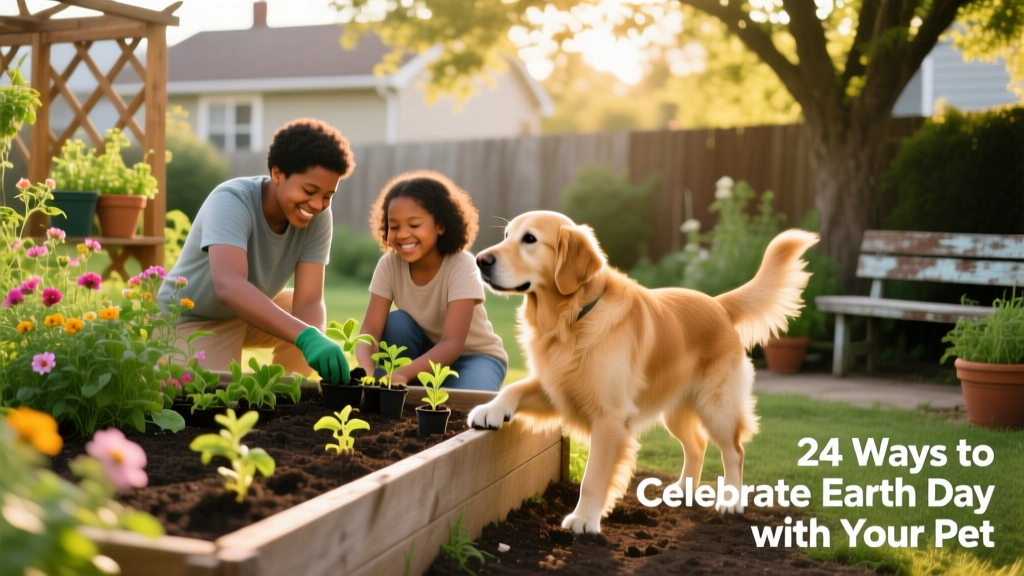 A family planting seedlings in a raised garden bed while a curious dog watches nearby
