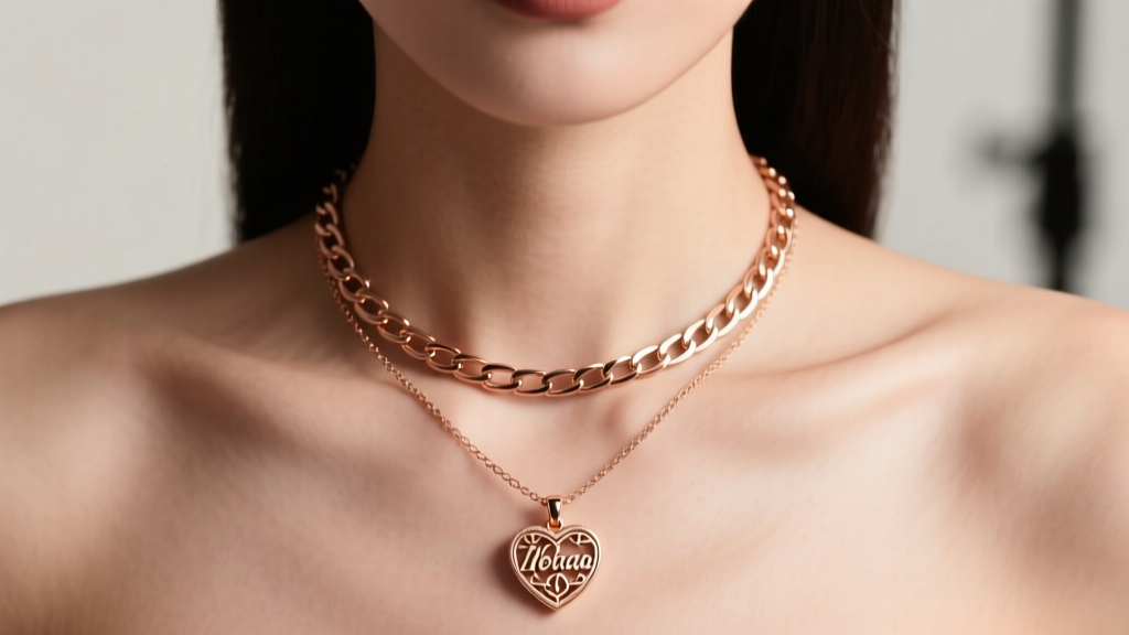 Woman wearing a layered 16-inch box chain and 18-inch heart name necklace in rose gold, captured from a collarbone-up perspective.