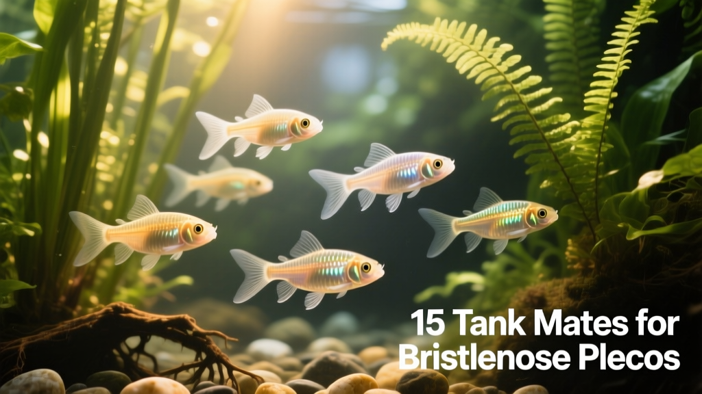 A school of Glass Catfish gliding through open water beside tall aquatic plants