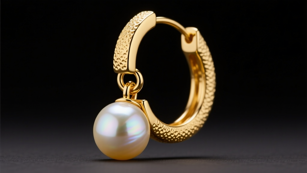 Macro shot of 18k yellow gold earring jump rings connecting a pearl charm to a textured hoop earring under soft studio lighting.
