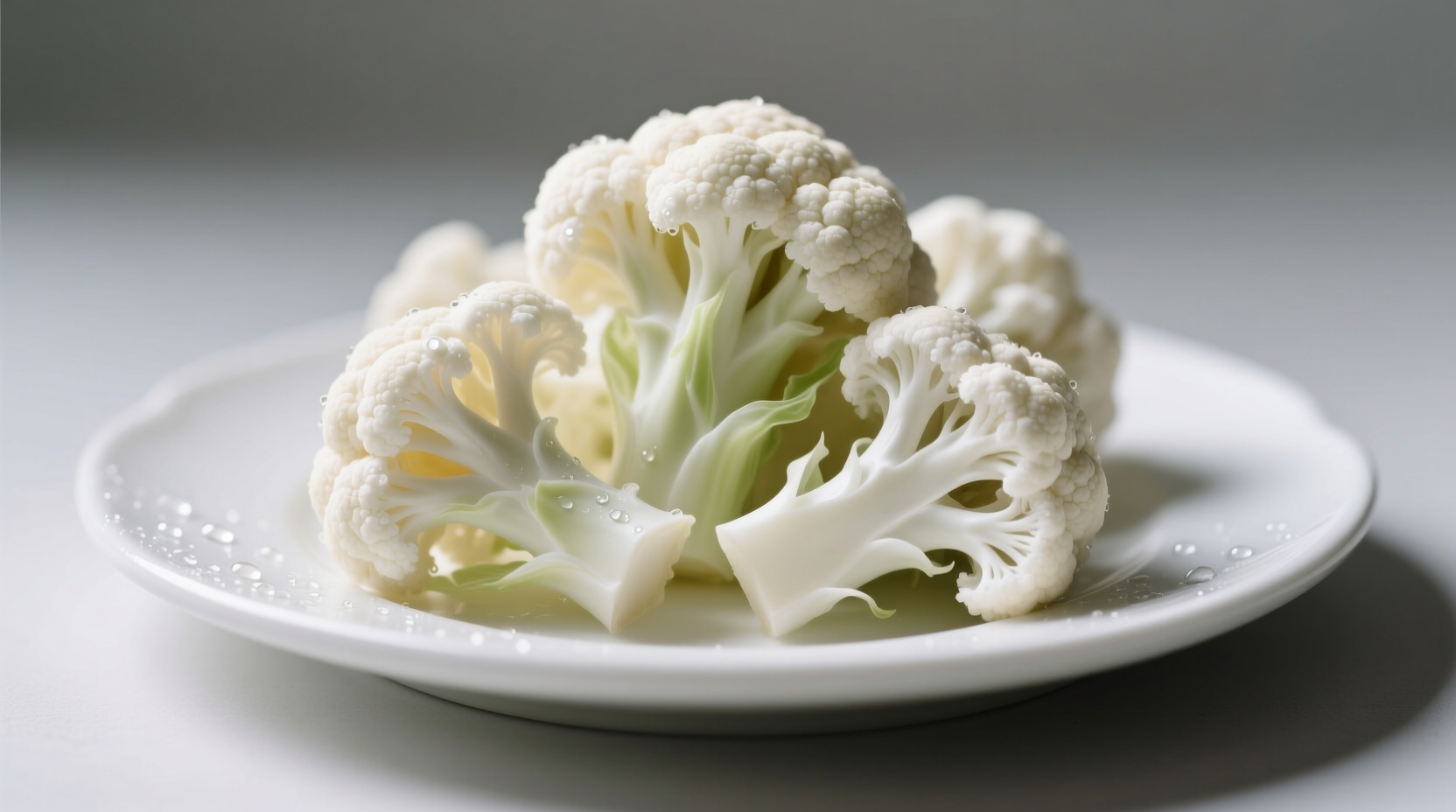 Fresh cauliflower florets arranged on white plate