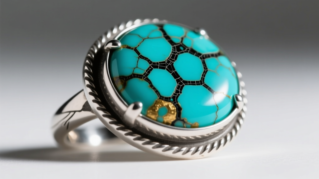 Macro shot of a raw-edge sterling silver bezel holding a saturated Golden Hills turquoise stone with dense black matrix webbing.