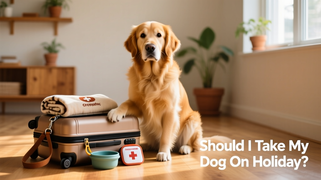 A calm, confident dog sitting beside a suitcase and travel gear on a sunlit floor