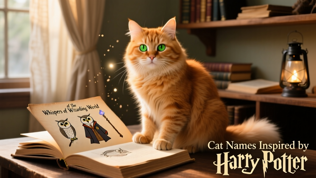 A fluffy ginger cat sitting beside an open book with illustrated owls and wands