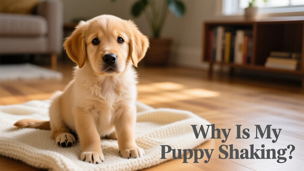 Close-up of a young, wide-eyed puppy sitting calmly on a soft blanket