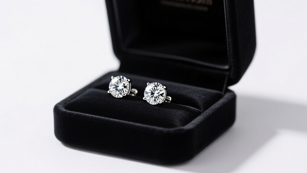 Open black velvet box revealing round brilliant diamond stud earrings in platinum martini settings under neutral studio lighting.