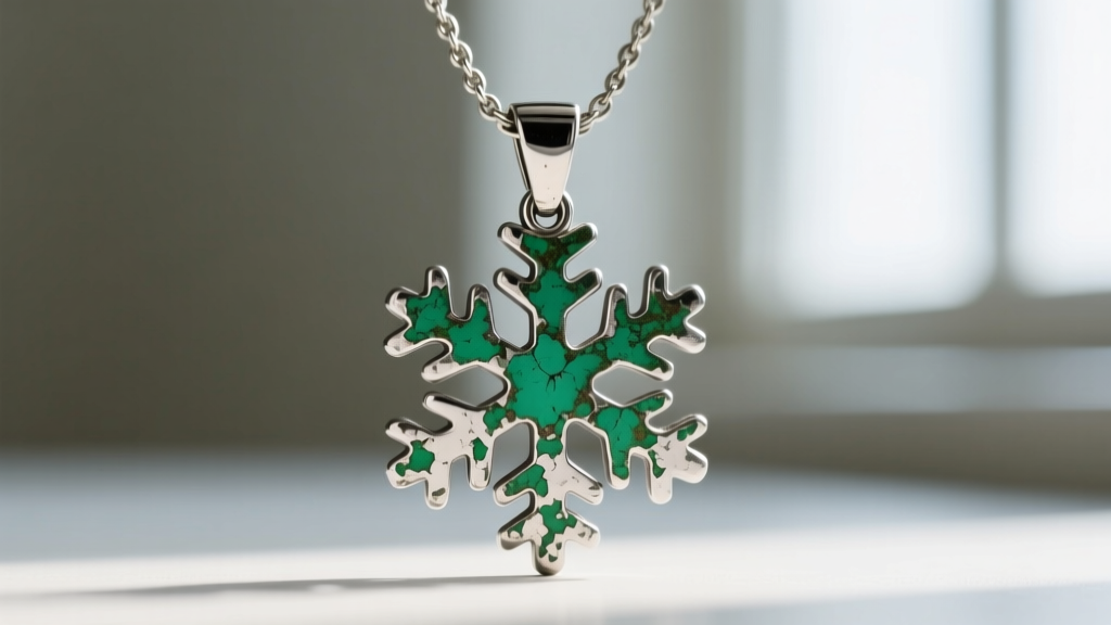 Macro shot of a cheap zinc-alloy snowflake necklace showing green oxidation and peeling silver plating near the clasp.