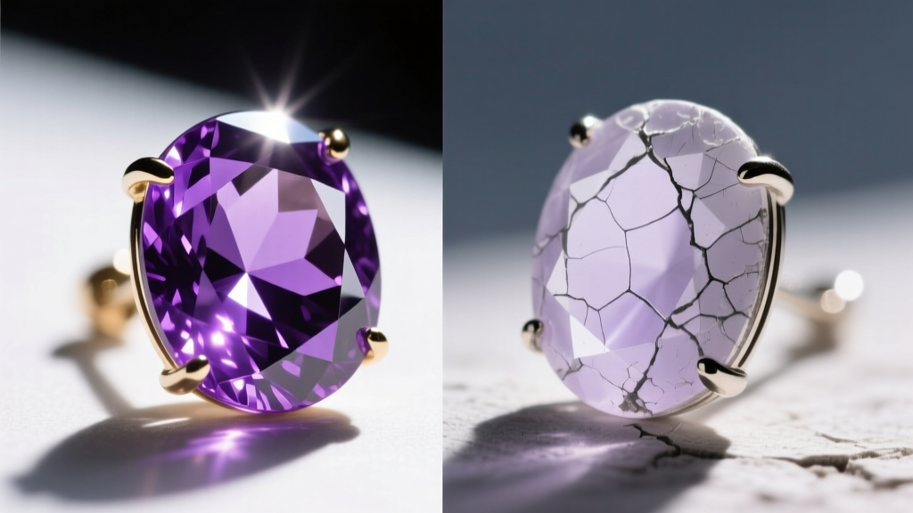 Split macro view showing a vibrant natural amethyst earring next to a UV-faded pale amethyst earring under harsh direct outdoor sunlight