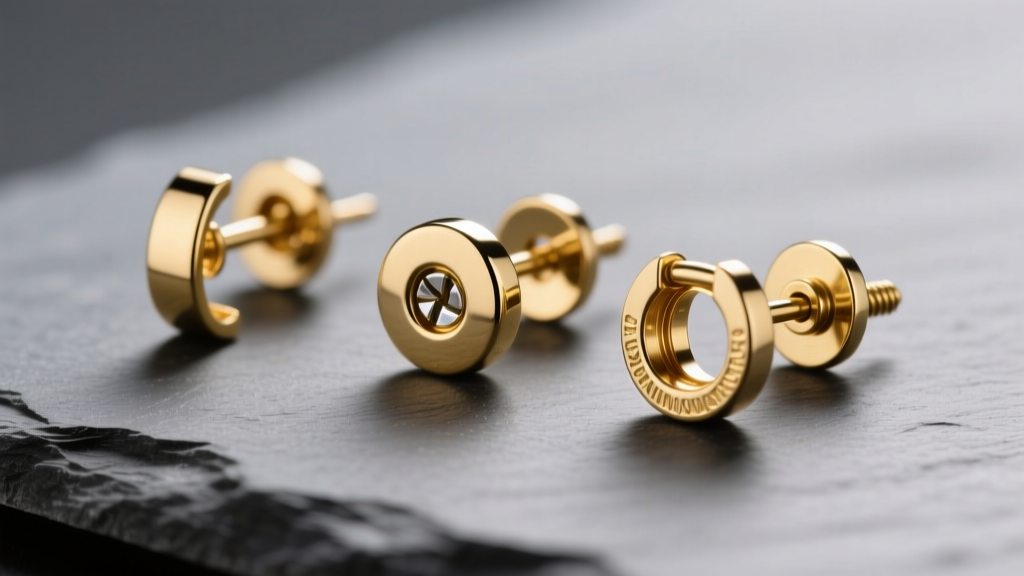 Macro of three gold earring backs on slate: a friction clutch, a screw back, and a locking mechanism under soft studio light.