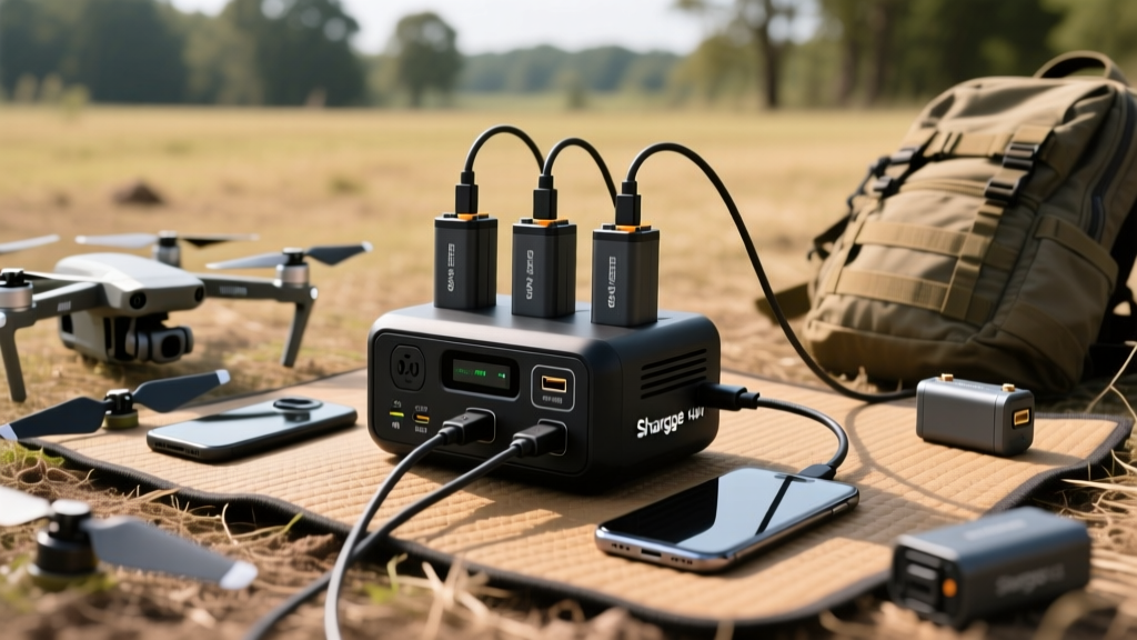 A rugged field setup showing a Shargge 140W GaN charger simultaneously charging three drone batteries and a smartphone via USB-C cables.