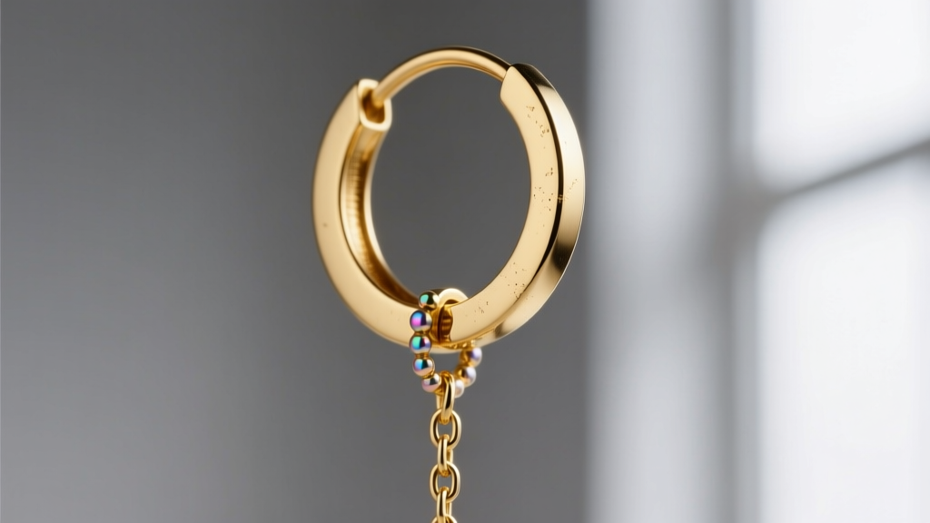 Macro shot of an 18-gauge gold drop hoop earring solder joint connecting the circular hoop base to an elongated chain drop element