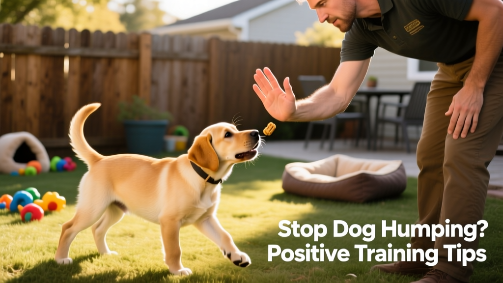 A trainer calmly redirecting a young dog away from humping behavior using a treat and positive hand signal