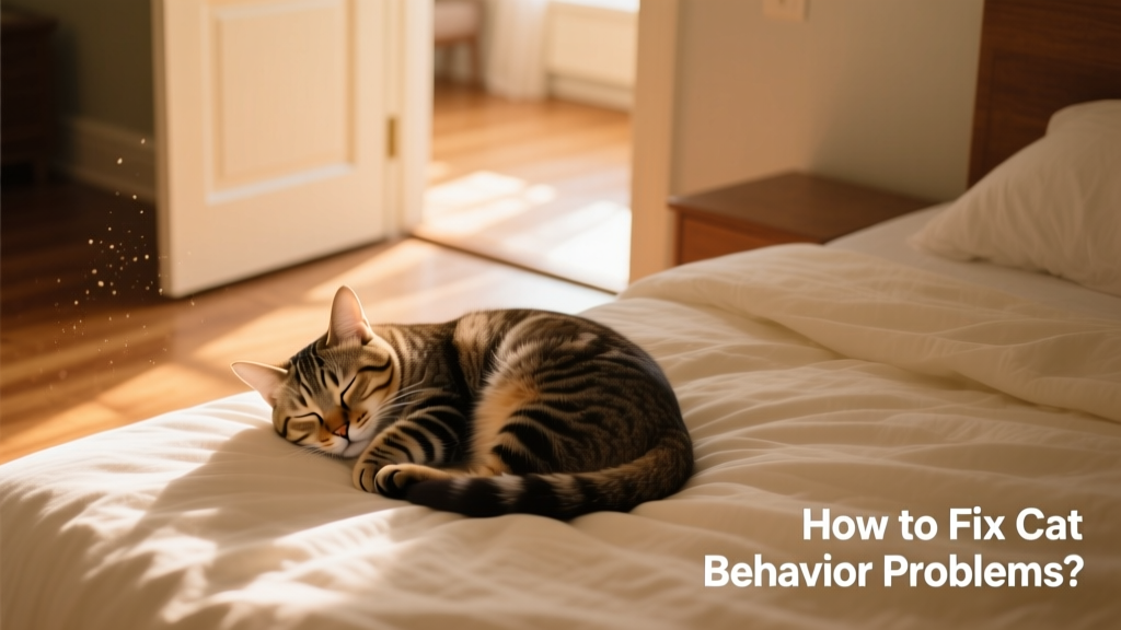 A relaxed cat curled up asleep on a soft bed beside a closed bedroom door