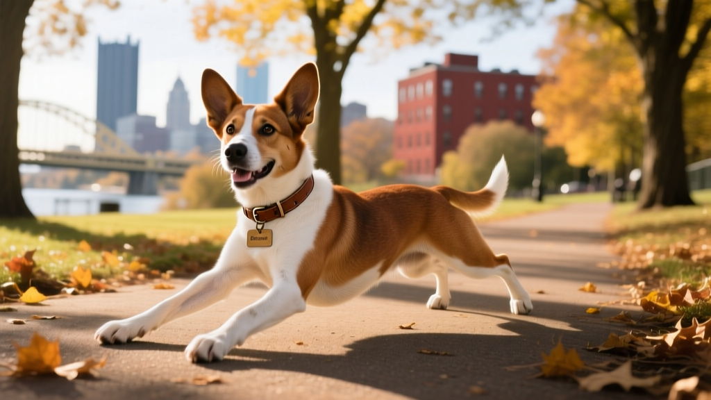 a brown and white dog stretching on a park pathway