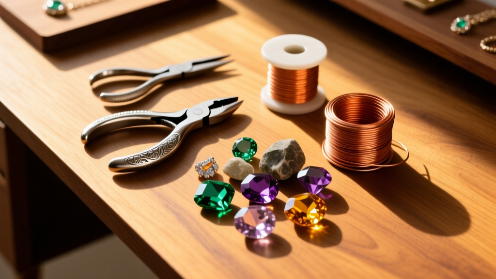 Top-down view of a wooden desk with jewelry pliers, copper wire spools, and polished gemstones bathed in warm sunlight.