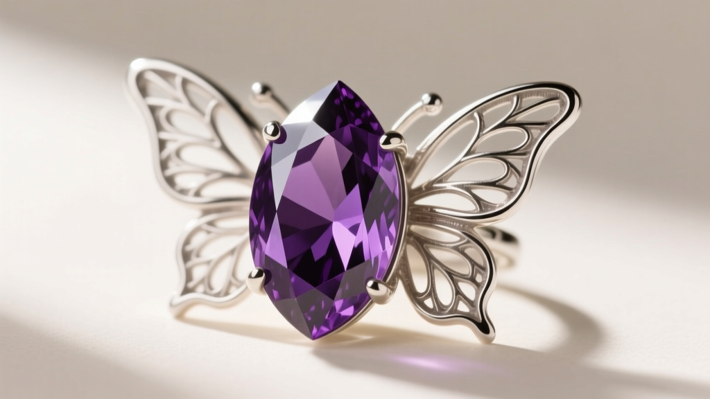 Macro shot of a deep purple Siberian amethyst gemstone cut in a marquise shape, set in a sterling silver butterfly wing bezel.