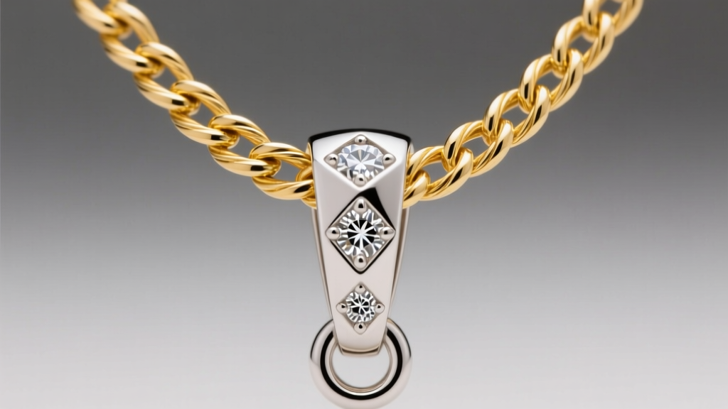 Macro photography of a 14k yellow gold cable chain threading through a diamond-cut sterling silver pendant bail, studio lighting