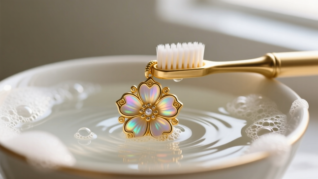 Soft baby toothbrush gently scrubbing the gold-plated brass edges of a floral pendant in a bowl of lukewarm soapy water.