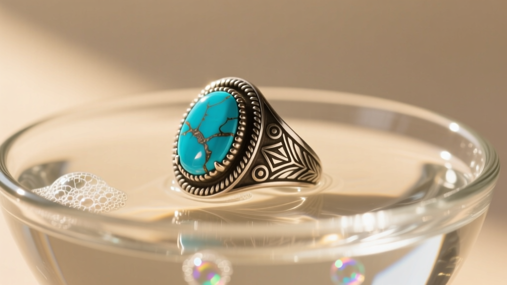 A vintage Navajo turquoise ring submerged in a shallow glass bowl of distilled water and mild soap, illuminated by warm light