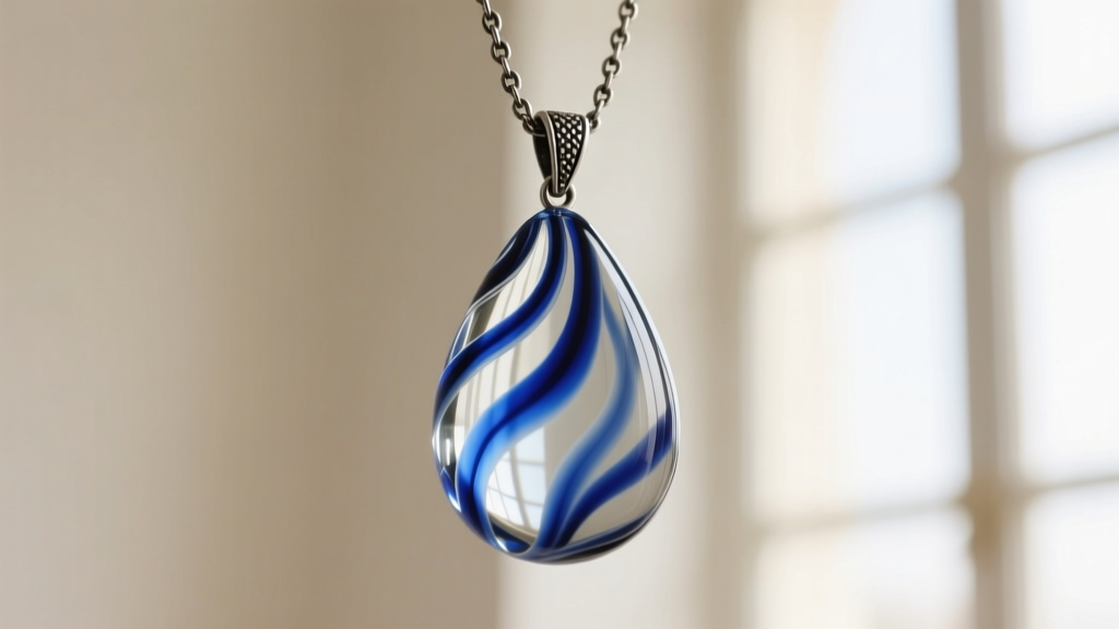 Macro shot of a sommerso Murano glass teardrop pendant with cobalt blue layers in clear glass on an oxidized silver chain.
