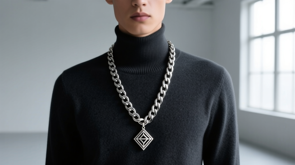 Model wearing a 20-inch Harry Poupon curb chain necklace over a dark crewneck sweater, highlighting the pendant drop and chain.