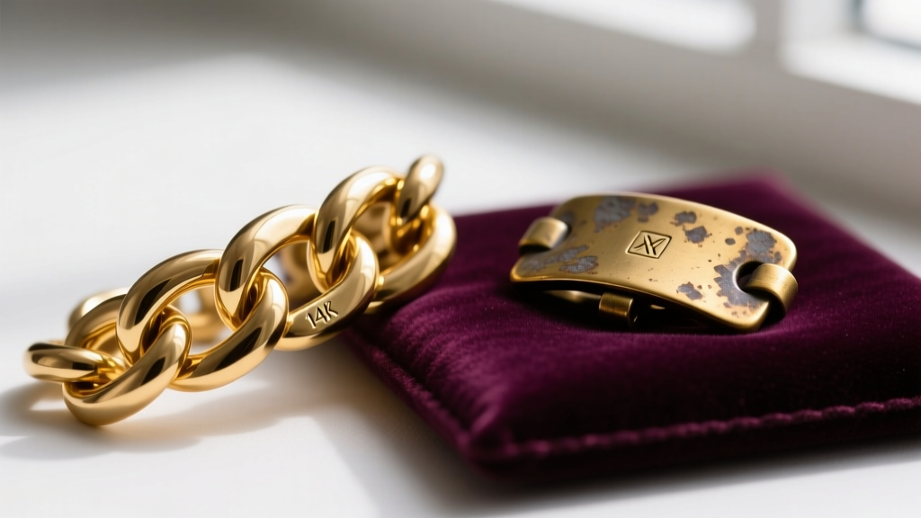 Macro shot of a 14k gold-filled chain clasp showing the stamped hallmark next to a tarnished brass alternative on a velvet pad.