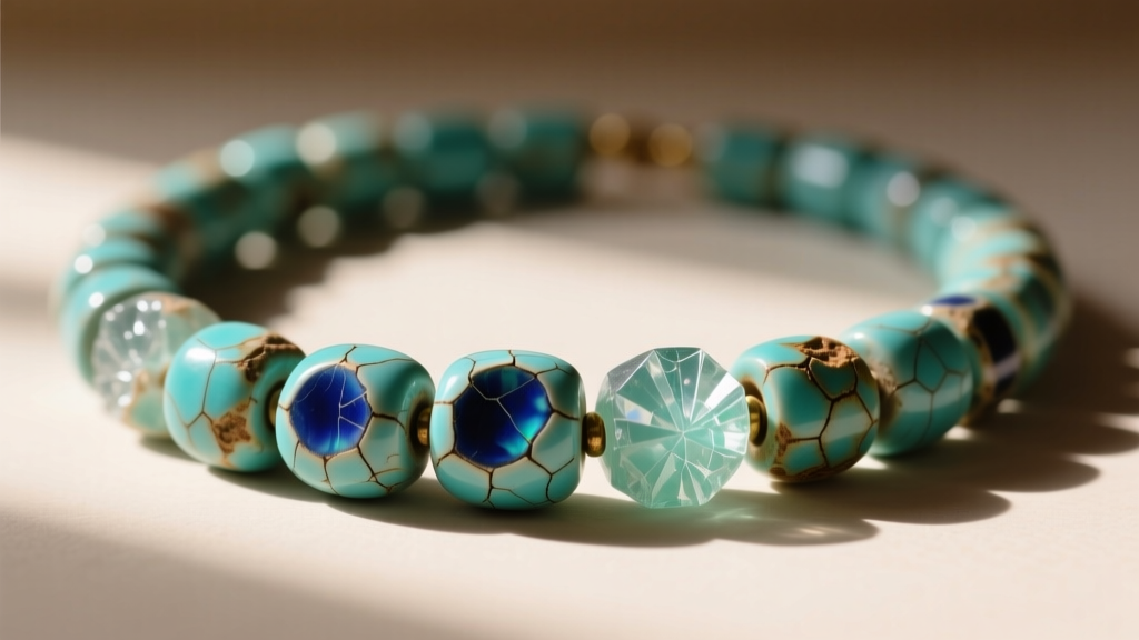Macro shot of an Egyptian faience bead necklace, highlighting slight crazing and the uneven turquoise glaze of sintered quartz