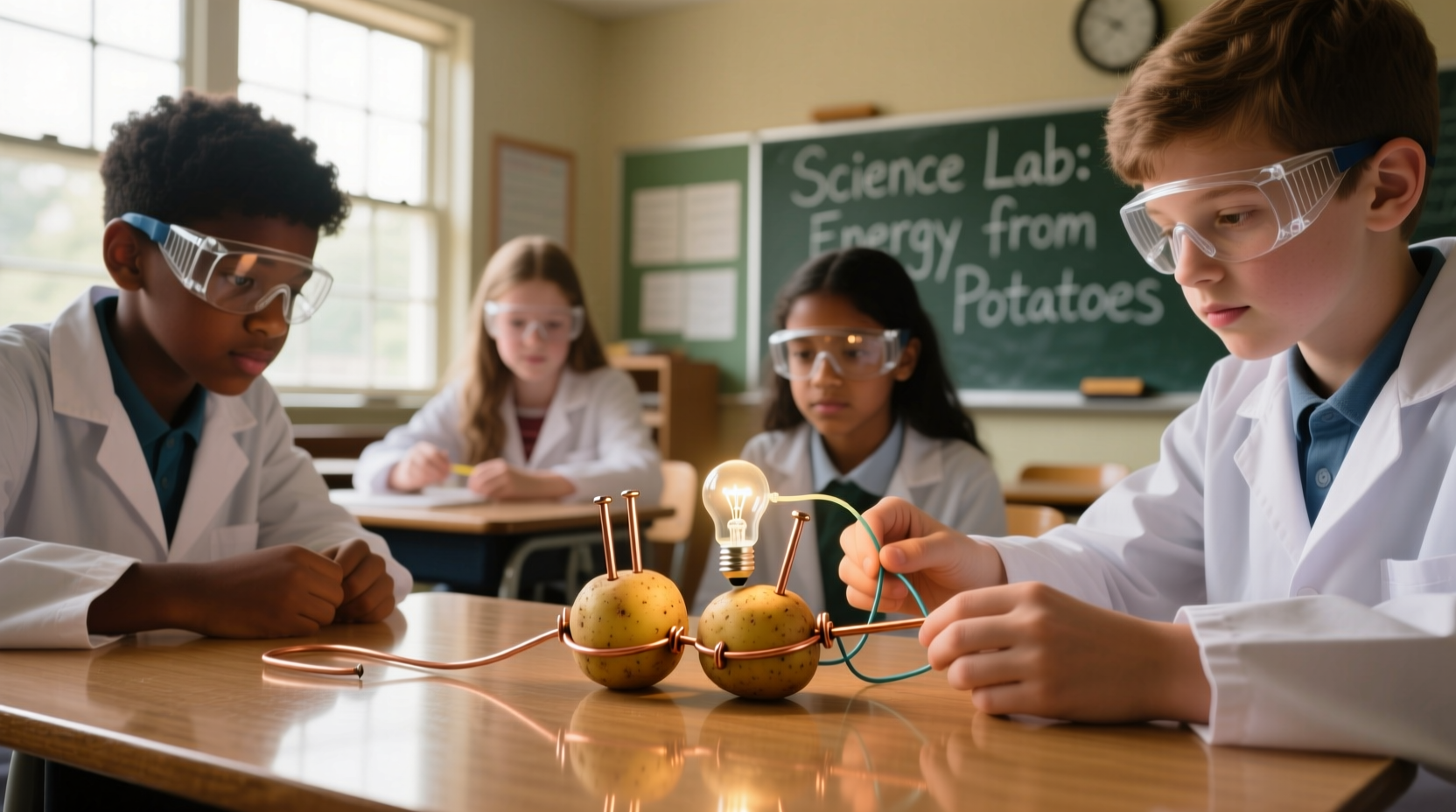 Students conducting potato battery experiment in classroom