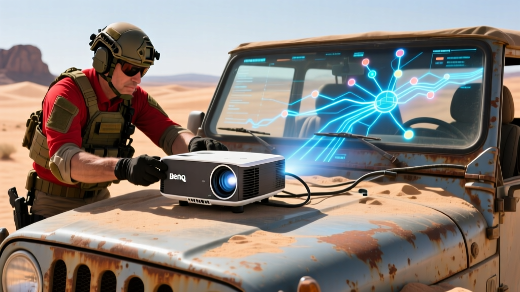 Red team penetration tester setting up BenQ GS50 portable projector on the hood of a dusty jeep to display network topology maps outdoors