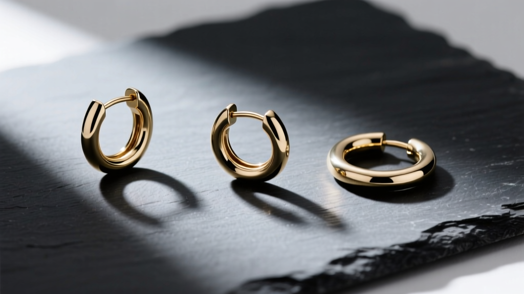 Flat lay of three hoop earring clasps: a leverback, a latch-back, and a continuous hoop, resting on dark slate with soft directional lighting.