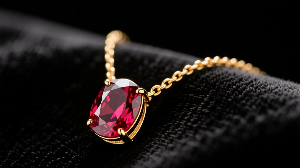Close-up of a 14k gold necklace with an 8x6mm oval lab-grown ruby pendant resting on dark velvet, lit by warm studio lighting