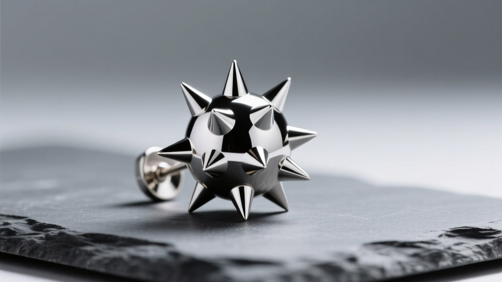 Close-up of polished titanium spikeball earring on slate showing sharp conical spikes and mirror finish under soft studio lighting