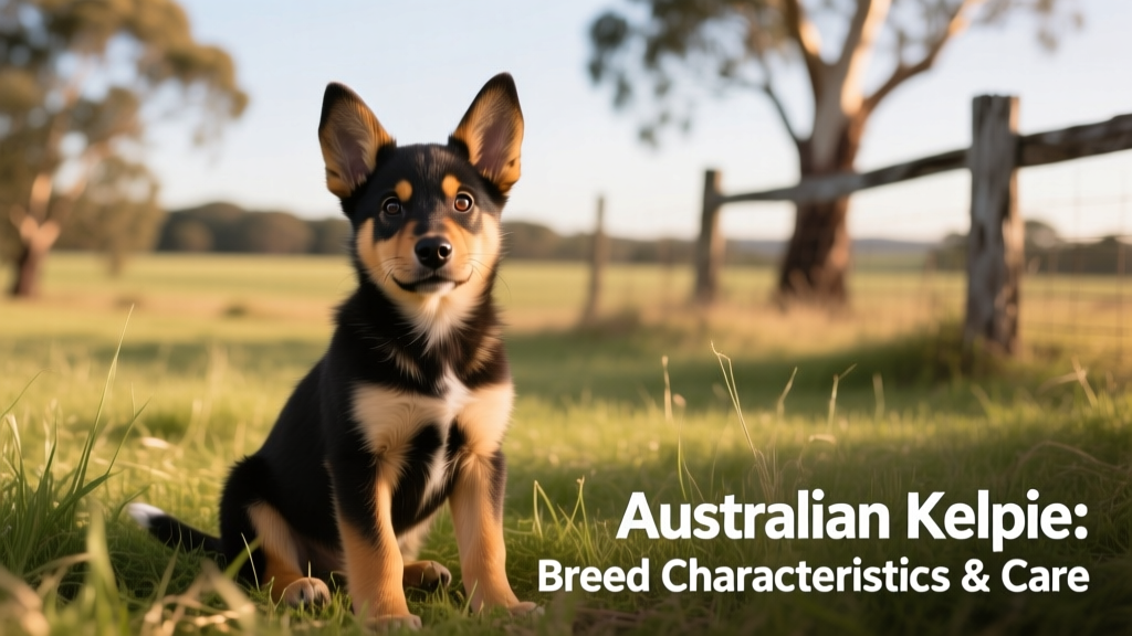 Young Australian Kelpie puppy sitting attentively on grass, ears perked