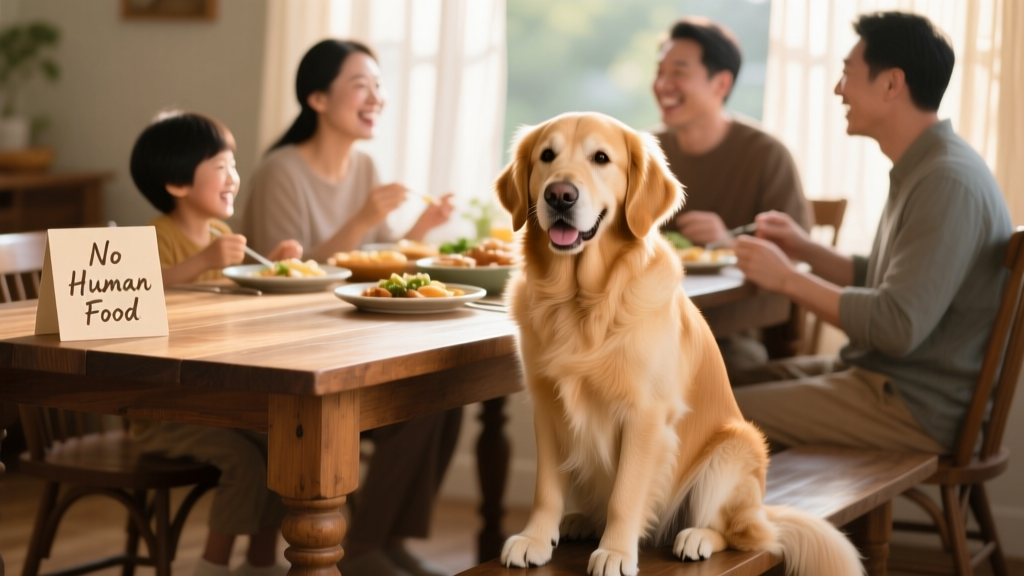 A friendly dog sitting politely beside a dining table with guests nearby, illustrating respectful boundaries during a gathering
