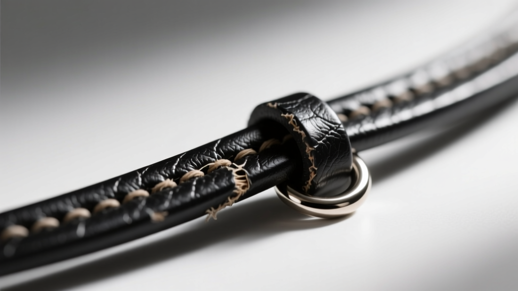 Macro photography of a fraying 2mm black flat leather necklace cord showing stress damage near the metal bail attachment point