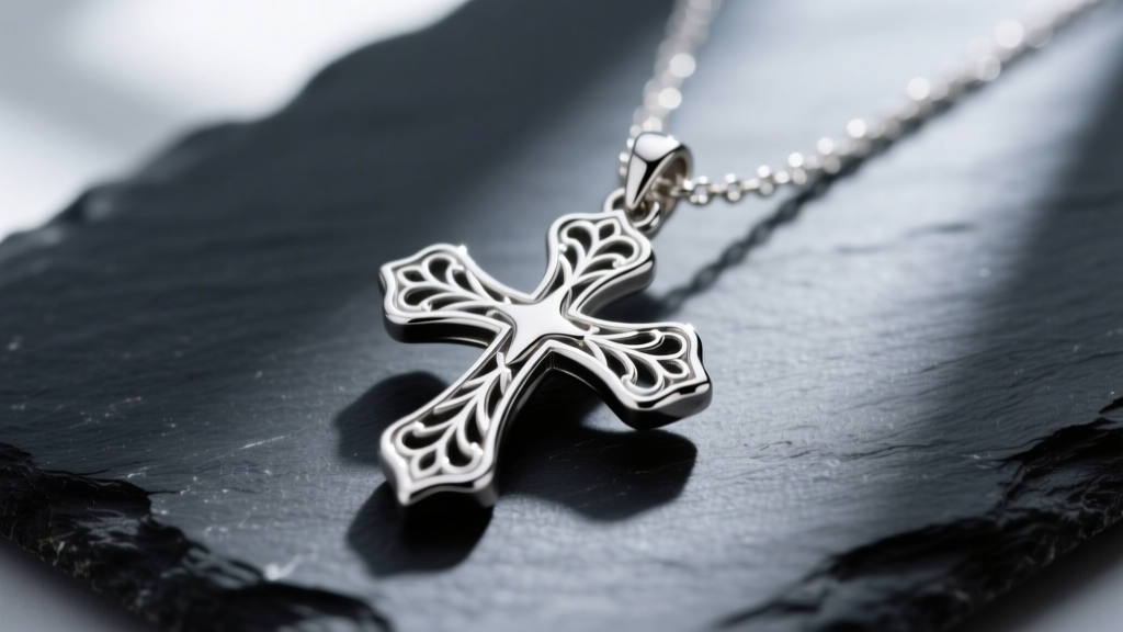 Close-up of a silver cross heart necklace pendant on dark slate, showing intricate metalwork, smooth edges, and a polished finish.
