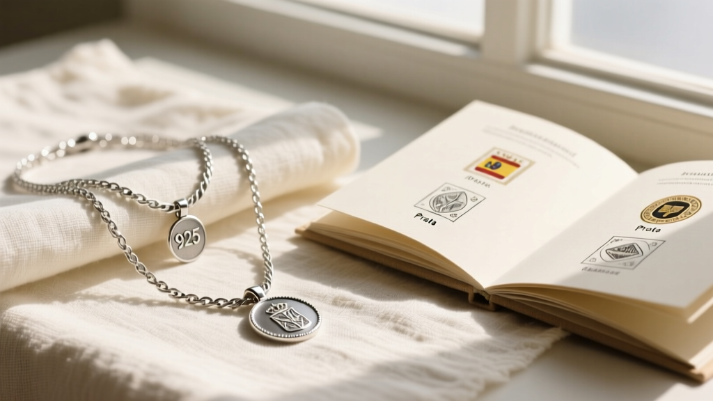 Silver necklaces on linen showing Spanish and Latin American purity stamps, resting beside an open hallmark guide.