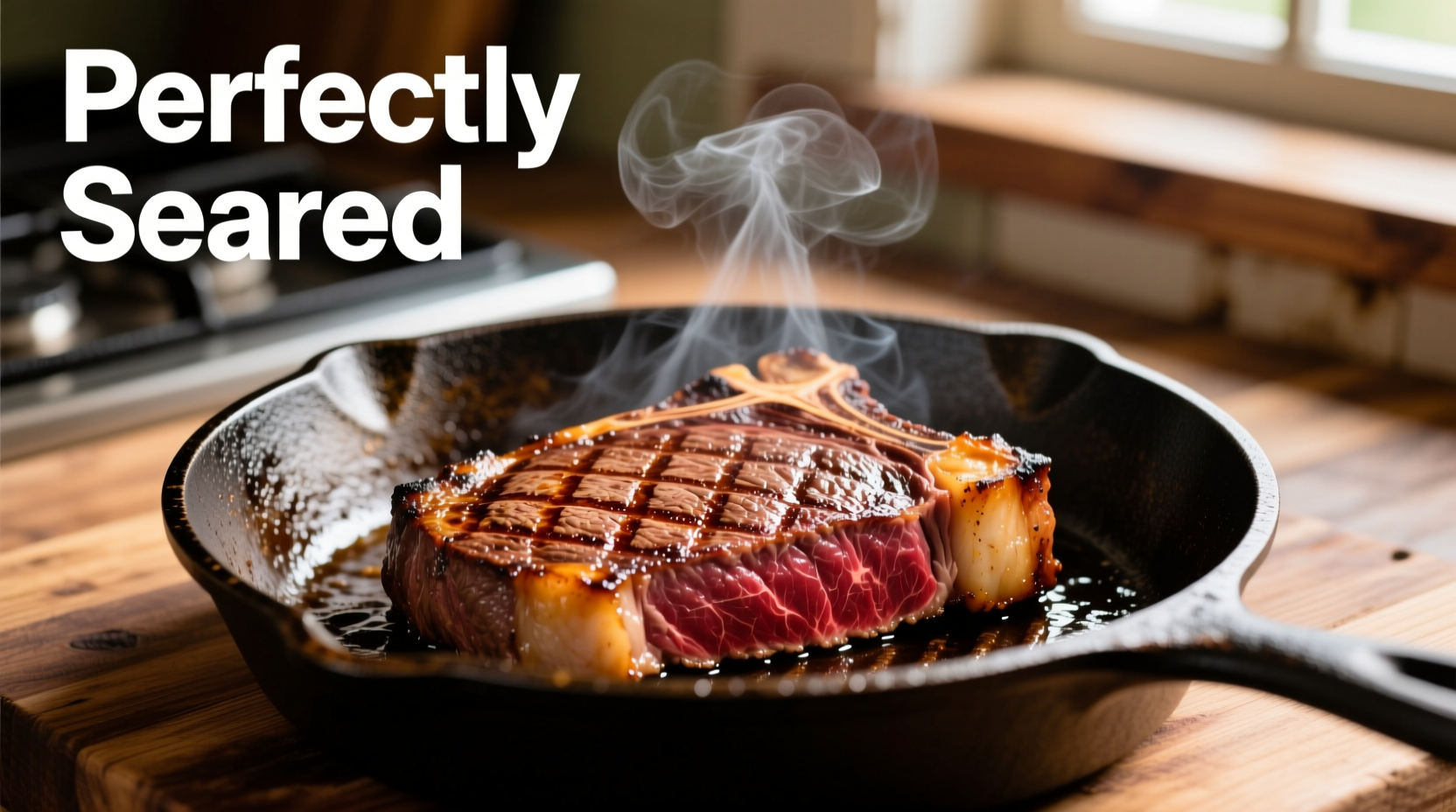 Perfectly seared sirloin steak in cast iron skillet