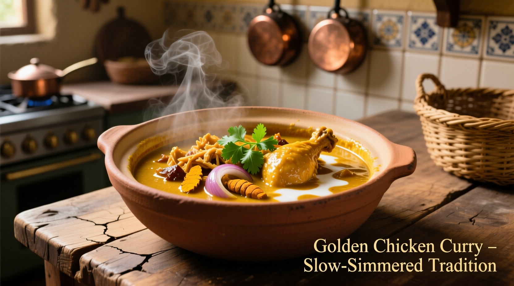 Golden chicken curry simmering in clay pot