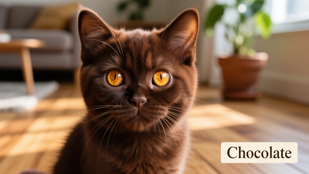 Close-up portrait of a chocolate British Shorthair kitten gazing directly at the camera, showing eye color and coat texture