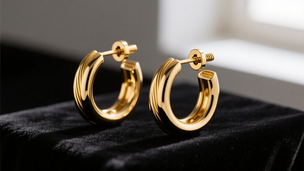 Gold-filled hoop clip on earrings on dark velvet, showing the intricate screw-back mechanism and highly polished metal surface.